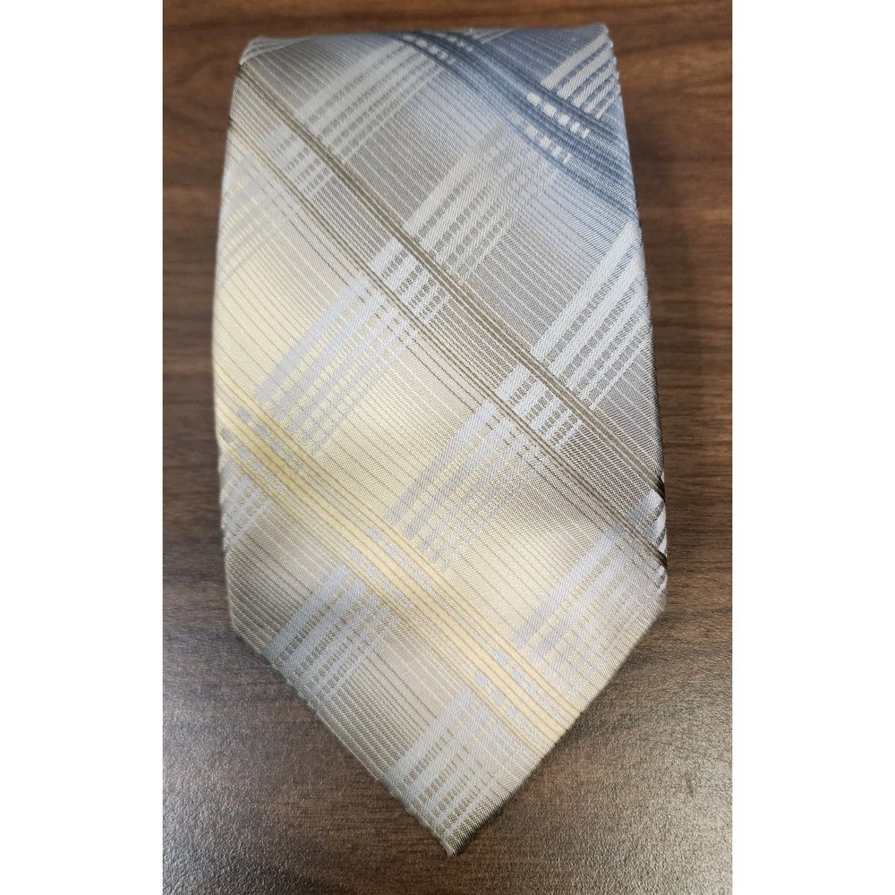 Calvin Klein Mens Silk Tie Brown Blue Windowpane Plaid Diagonal Classic Necktie